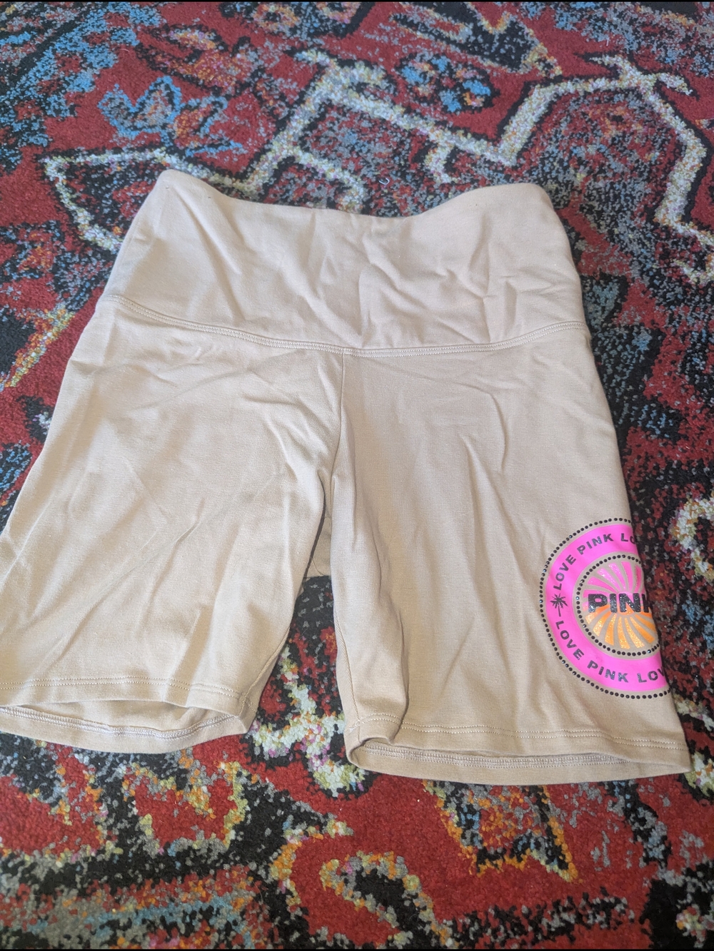 PINK Women's Bike Shorts in Beige with Logo Patch